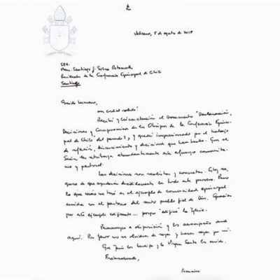 El Papa envía carta al Episcopado chileno y apoya sus decisiones para contrastar abusos